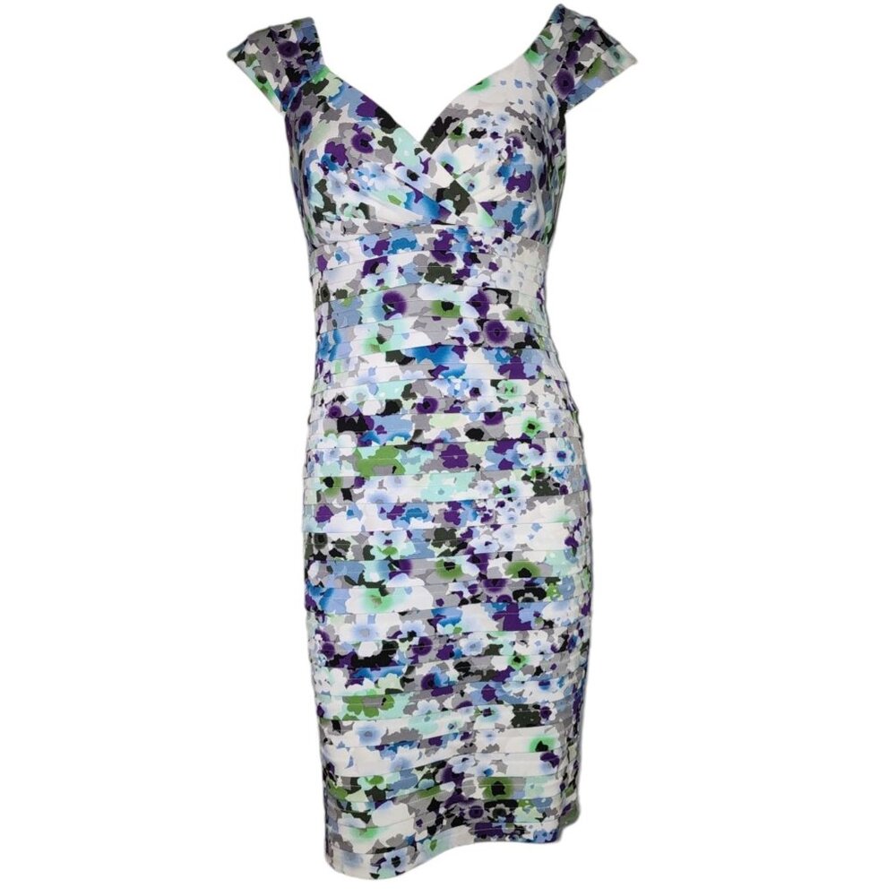 London Times Dress Womens Size‎ 8 Blue Cap Sleeve Tiered V Neck Zip Back Floral